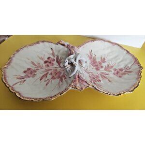 Vintage Italian Two Section Serving Dish Majolica Tulips & Floral gold Gilded